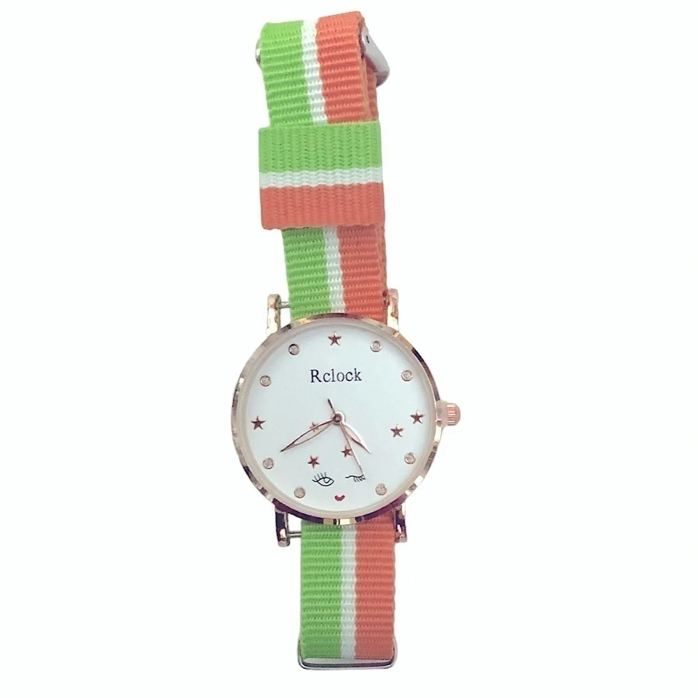 Watch Women’s Analog Round  Preppy Stripe Canvas Buckle Band Green Coral